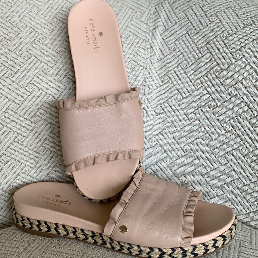 KATE Spade Slides Zahara Ruffle Trim Slides Flat Pink Shoes Espadrille Women 8